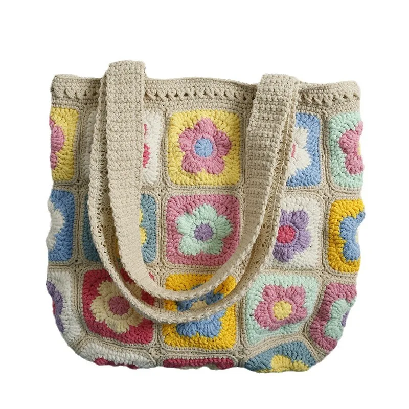 Summer fresh and sweet hand-woven women's bags, snow woolen crocheted puff flower shoulder bags, handmade finished products