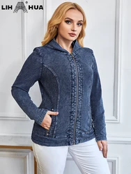 LIH HUA feminino plus size denim jaqueta outono chique elegante jaqueta para gorducho feminino algodão com capuz tricô jaqueta