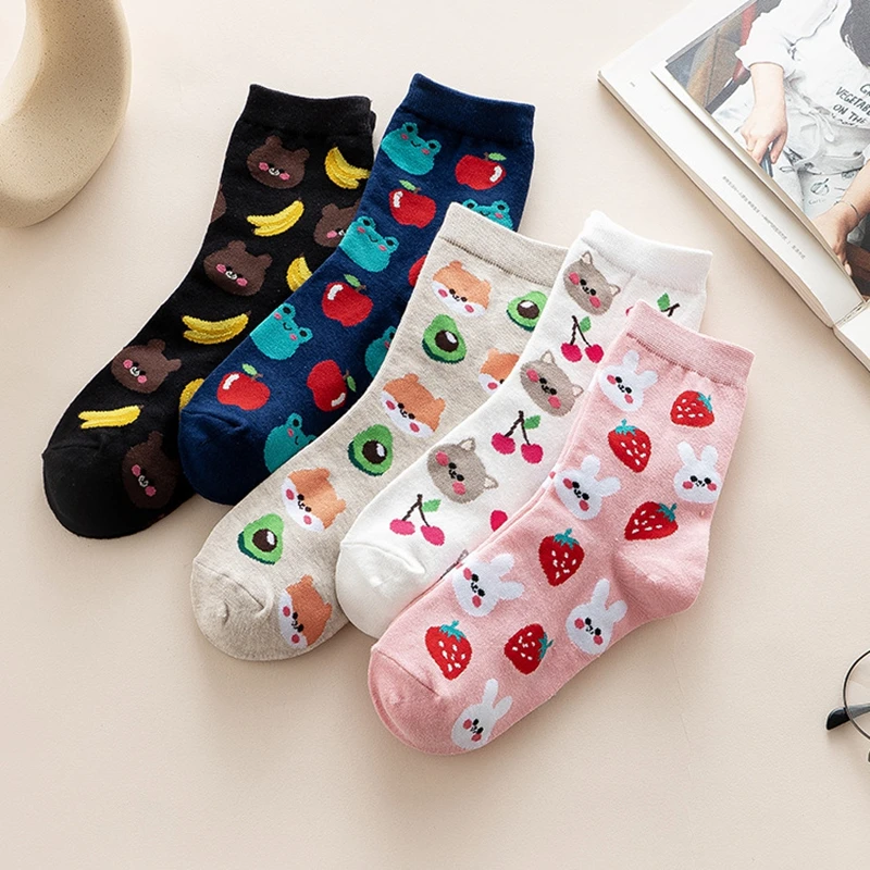 Frauen Nette Lustige Socken Drucken Kunst Schöne Frühling Tier Obst Socken Bär Frosch Banana Erdbeere Apple Baumwolle Mode Harajuku Socke