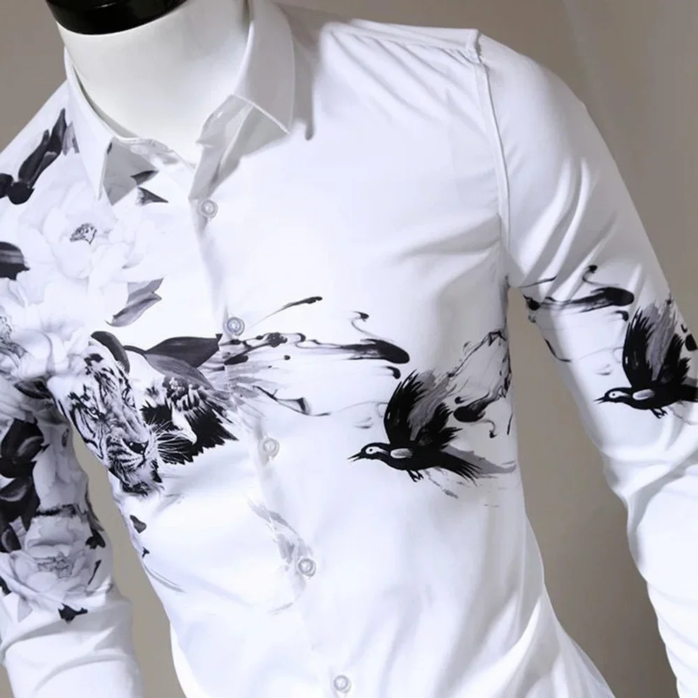 Summer White Men\'s Shirts, Lapel Button-up Shirts, Youth Trend Bird Digital Printing Free Ironing Long-sleeved White Shirts