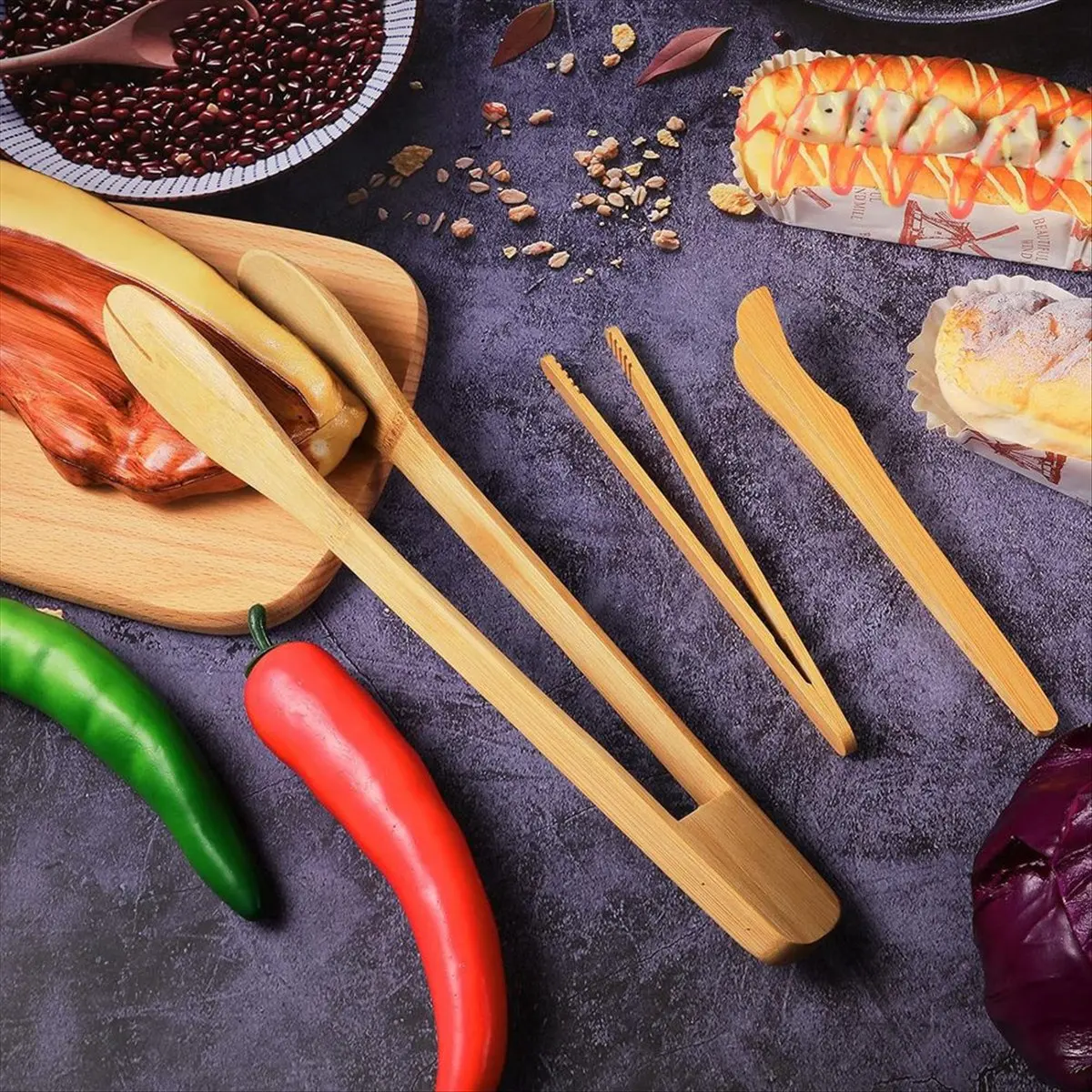 2026 + 6 Pcs Bamboo Utensils for Cooking Wooden Toaster Tongs Long Kitchen Cooking Salad Tongs for Picking Up Cheese Bacon