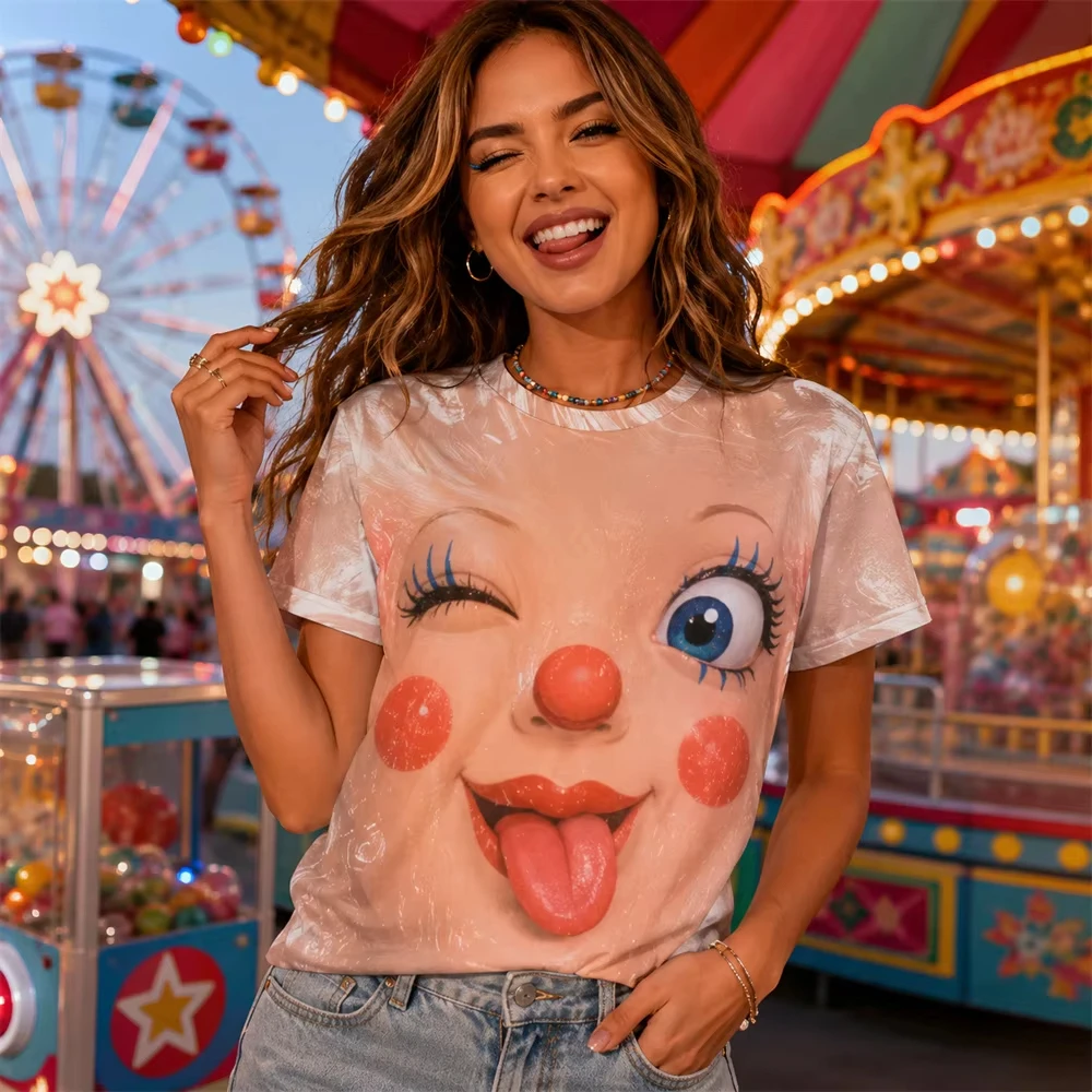 Unisex 3D Big Face Optical Illusion T‑Shirt, Funny Clown Doll Face Print Casual Short Sleeve Novelty Humor Tops for Men Women