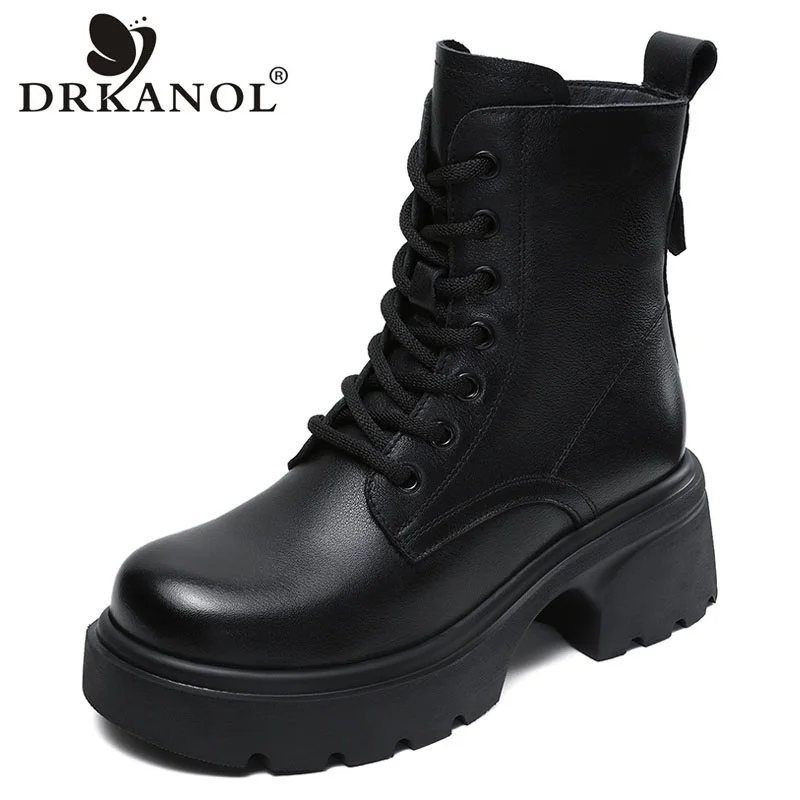 

DRKANOL/Осенне-зимние теплые женские ботинки до середины икры на платформе с круглым носком, ботинки из коровьей кожи в стиле ретро на толстом высоком каблуке