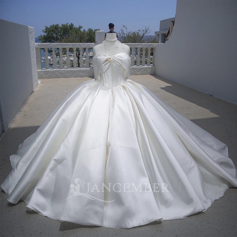 New Arrivals Short Sleeve Lace Up Back Court Train Classic Beading Satin Ball Gown Wedding Dresses Vestido De Noiva DY1286