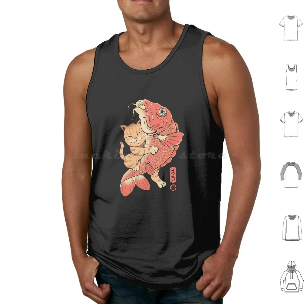 Cat Catching Carp Tank Tops Vest Sleeveless Cat Cats Carp Cat Fish Fish Animal Animals Japanese Japan Anime Retro Feline 90s