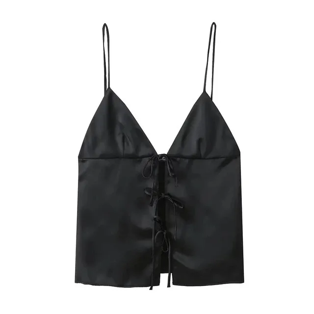 

New Sexy Chic Bow Decorated Silk Textured Fashionable V-Neck Satin Camisole Women's Summer Cropped Top