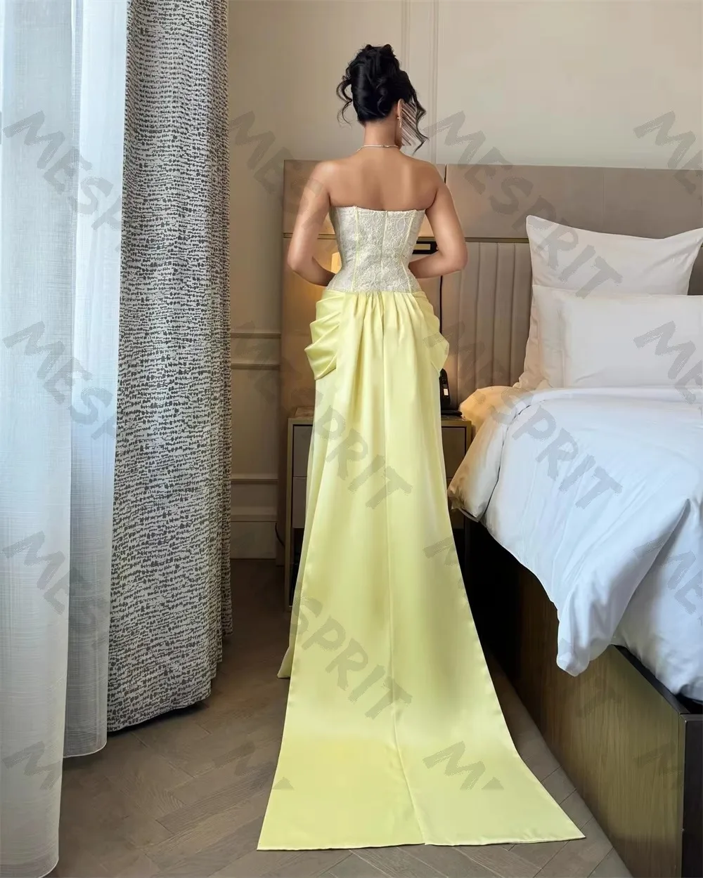 Customized Exquisite Strapless Straight Evening Gowns with Floral Lace Sleeveless Stain Waist Trailing Formal Banquet Dresses