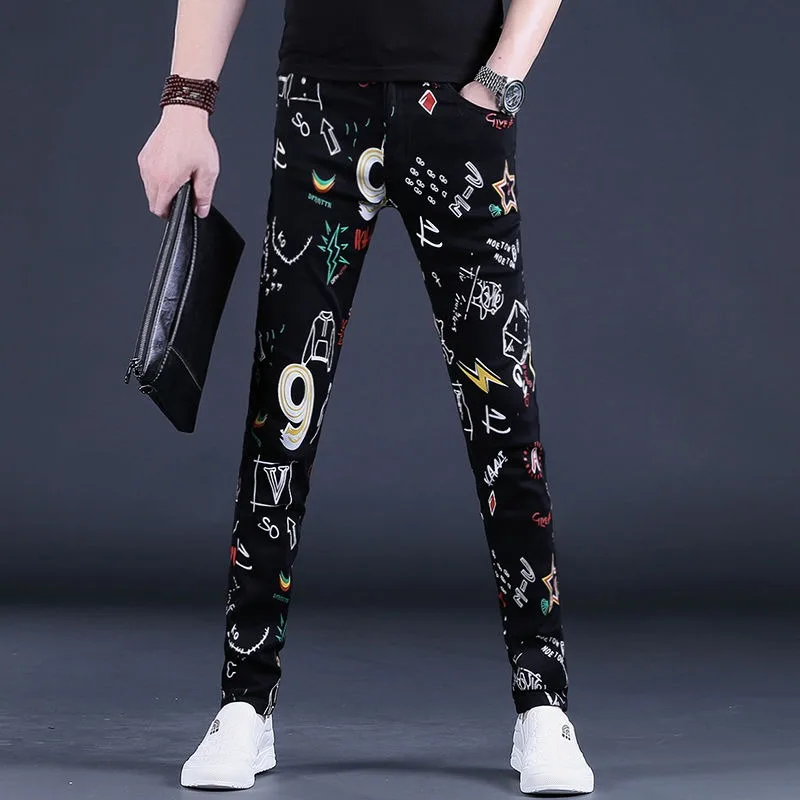 New Arrive Men’s Light Luxury Street Jeans,Cool Printing Decor Slim-fit Black Jeans,Korean Stylish Casual Jeans,Youth Sexy Must;