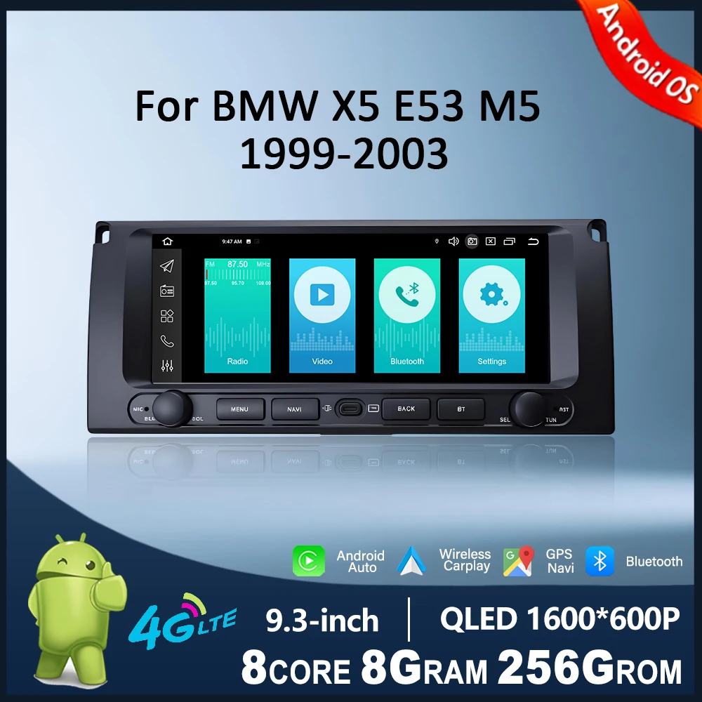 Radio multimedia con pantalla táctil de 9.3 pulgadas con sistema operativo Android para BMW X5 E53 M5 1999 - 2003, reproductor con Carplay inalámbrico, navegación GPS y DSP.