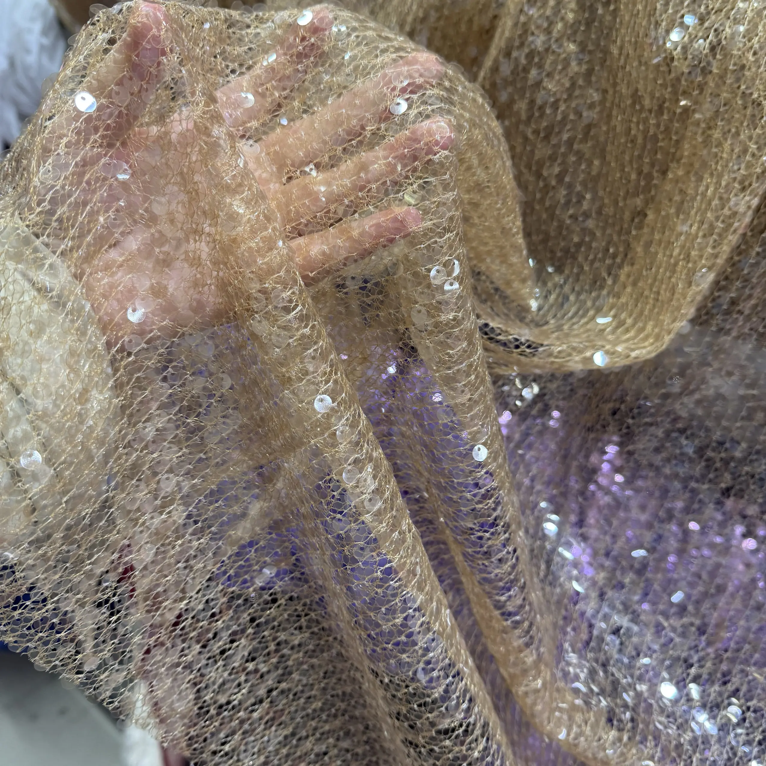 Champagne Embroidered Sequins Wafer Fish Scale Draping Fabric for Wedding Dress Fabric