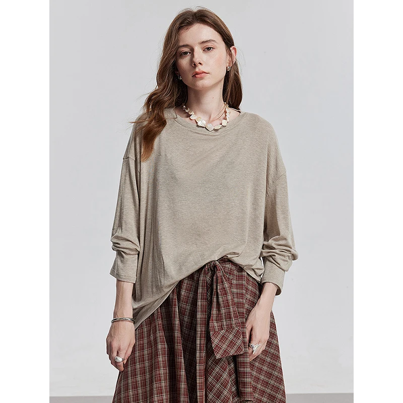 TOYOUTH المرأة كم طويل تي شيرت 2025 ربيع جديد ليوسيل الصوف تنوعا نقية بلوفر ملون الجلد الأساسية القمم