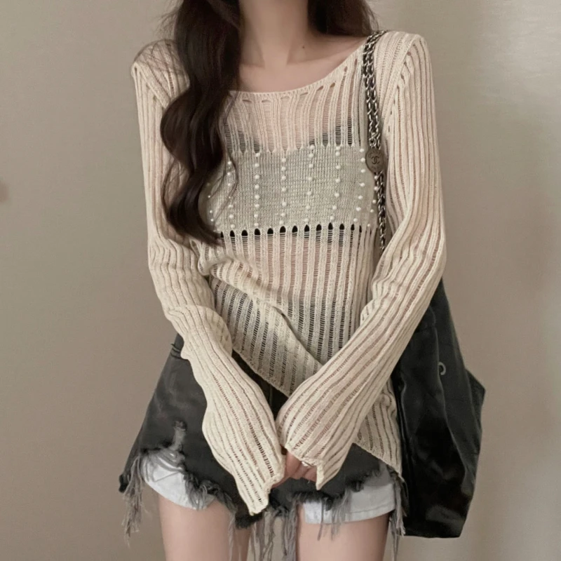 

Fashion Pearl Hollow Out Long Sleeve Pullover Women Autumn Winter Chic Sheer Knitted Tops Gentle Versatile Thin Sweater
