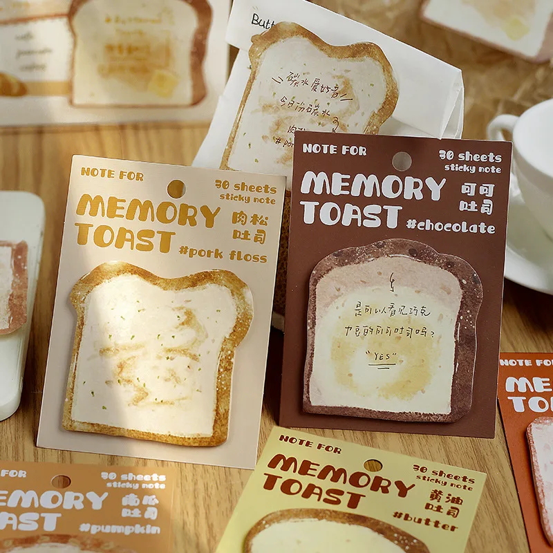 30 Sheets/Set Creative Memory Toast Series Sticky Notes Cocoa Toast, Meat Floss Butter Bread DIY Memo Pads Office Supplies