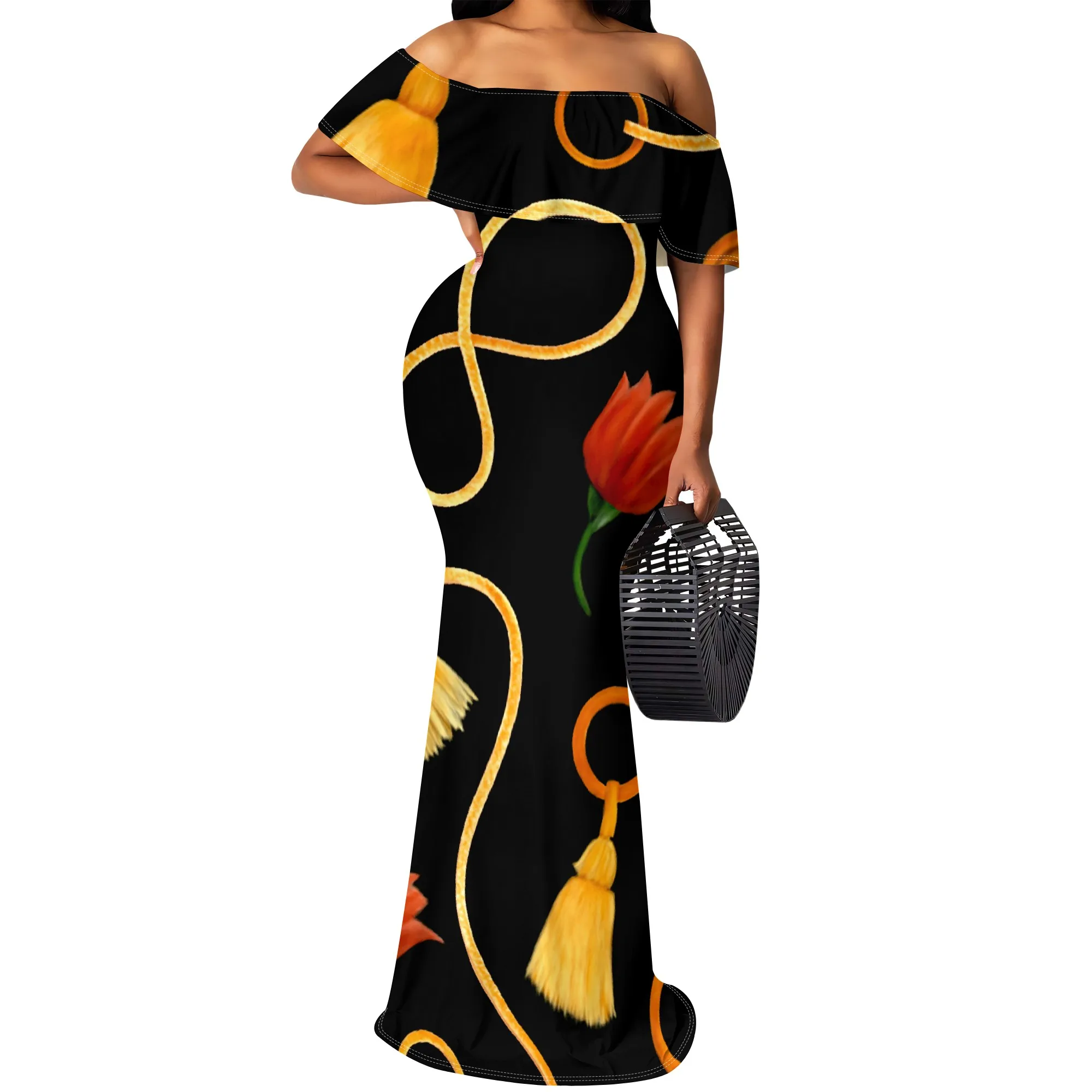 Women's Off Shoulder Maxi Dress S-3XL Black Gold Chain Tassel Print Elegant Party Bodycon Gown Formal Event