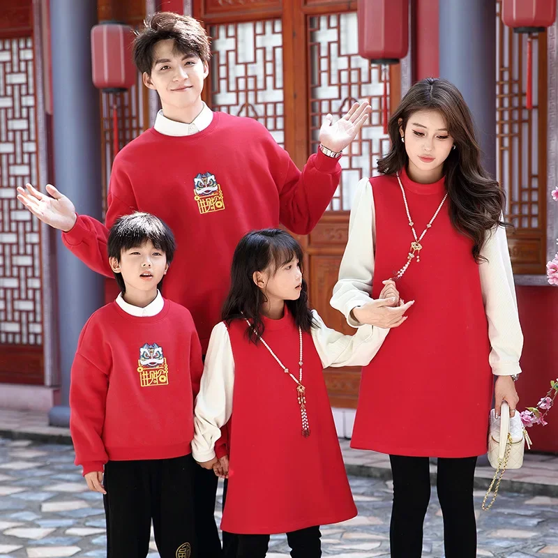 New Years Family Matching Red Outfit Parent-child Clothing Mother and Daughter Girls Dress Father and Son Boy Baby Sweatshirts