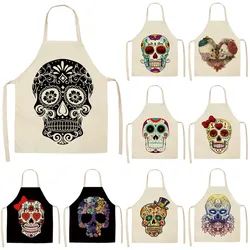 1Pcs Skull Pattern Kitchen Apron for Cooking Sleeveless Cotton Linen Aprons Adult Bibs Home Cleaning Accessories 55x68cm