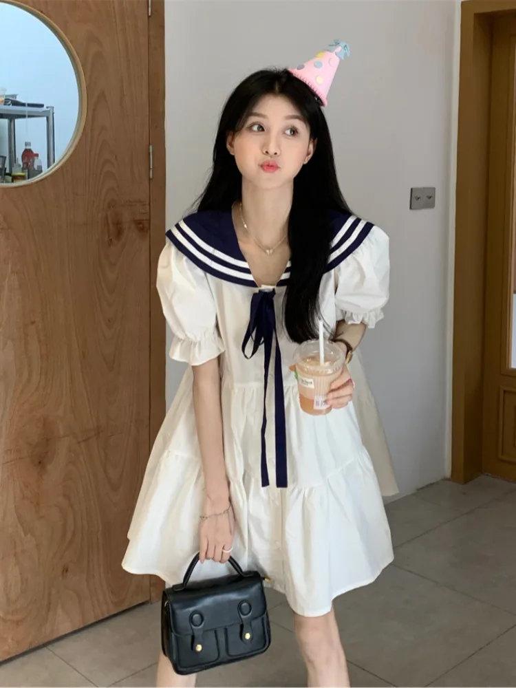 maternity-summer-dress-korean-style-navy-collar-single-button-bubble-sleeve-loose-slimming-doll-dress-high-waist-soft-fabric
