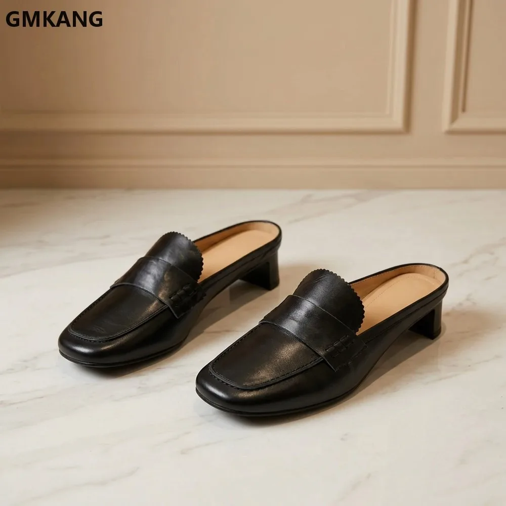 Women Slip On Mule Loafers Block Mid Heel Backless Moccasins Stitch Detail Office Work Daily Casual Walking Ladies