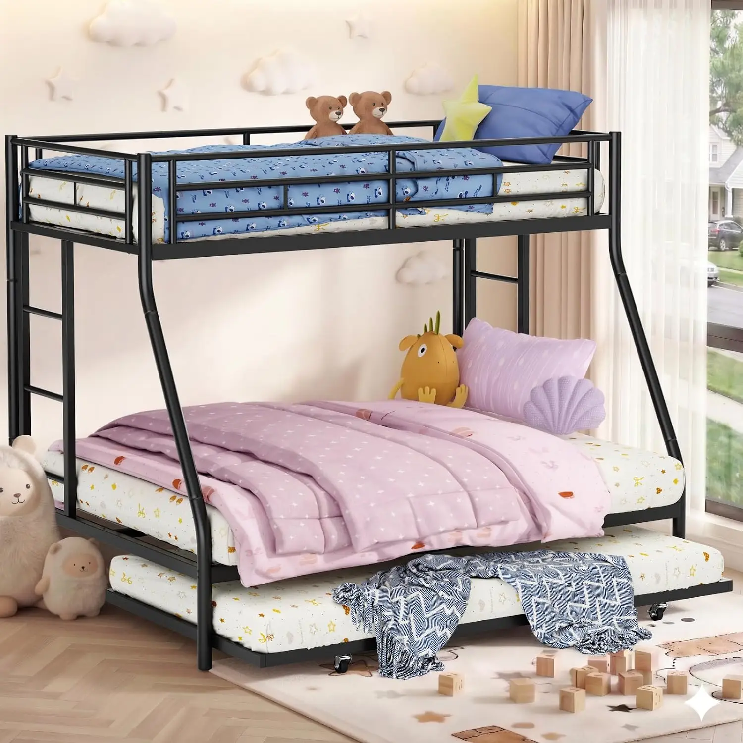 Twin Over Full Bunk Bed with Trundle, 400 lbs Capacity, Metal Frame, Customized
