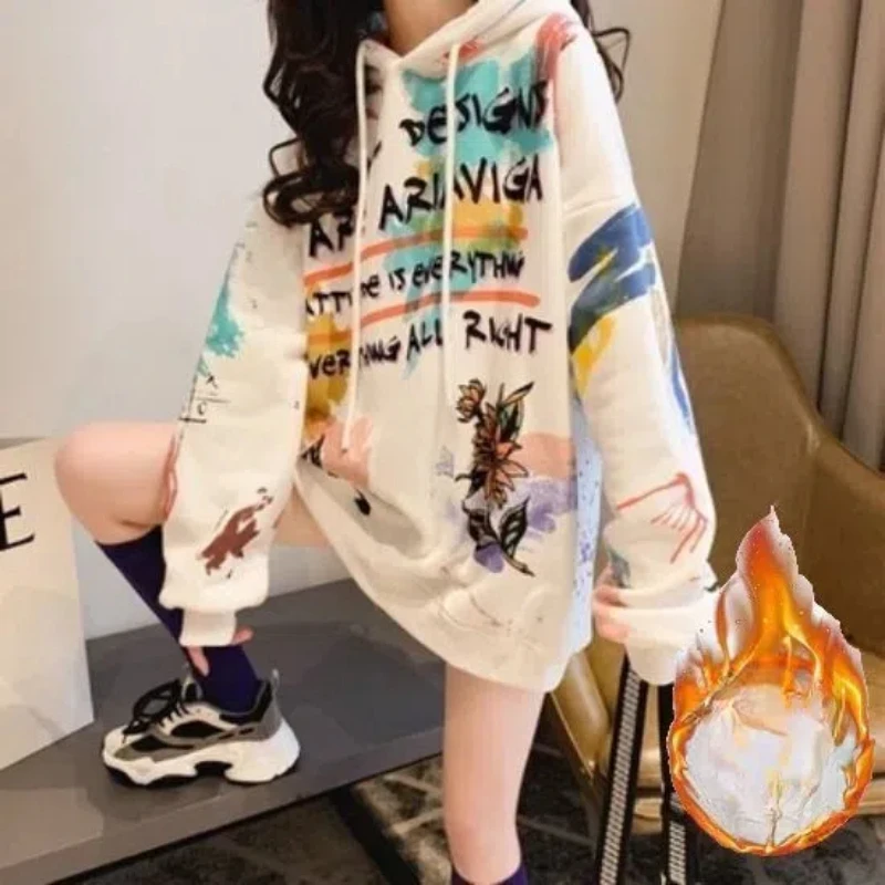 Autumn Winter Printing Flocking Geometric Cartoon Hooded Lantern Long Sleeve Letter Casual Pullover Women's Drawstring Tops