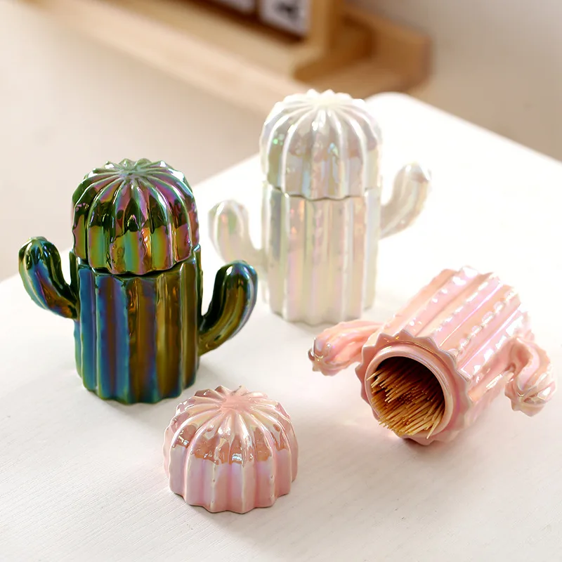 Creative Ceramic Toothpick Box Home Upscale Cactus Toothpick Holder Personalized Cotton Swab Box Floss Storage Box Toothpick Jar