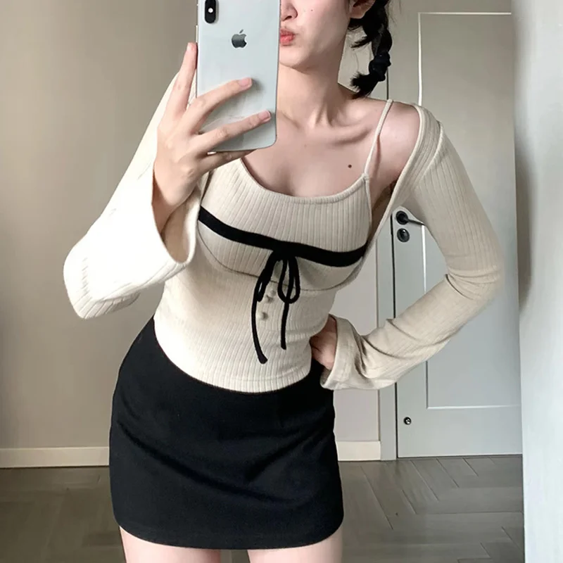 Korean Sexy Knitted T-shirts Bows Square Collar Sling Long Sleeve Pullover Two Piece Sets High Street Knitwears Shirt For Women