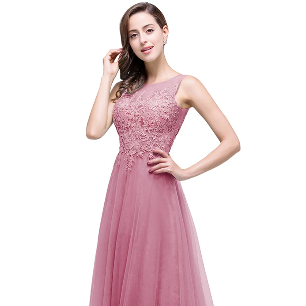 Dusty Rose Women Chiffon Long Evening Dresses With Appliques Elegant Lace Tulle Formal Wedding Party Prom Gowns Robe De Soiree