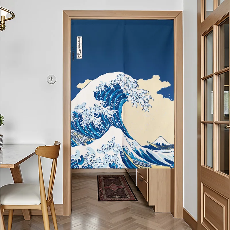 VIKAMA Ukiyo-e Wave Noren Japanese-style Izakaya Entrance Half Curtain Kitchen Bedroom Partition Curtain Home Decoration