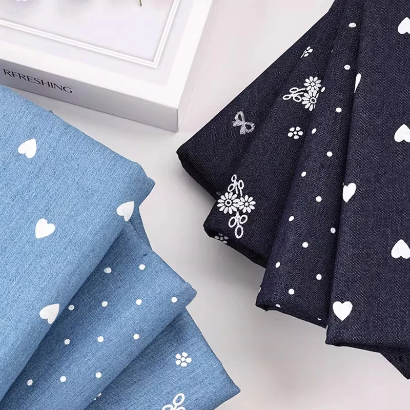 0.5m/1m/2m Low Elasticity Washed Cotton Denim Fabric Bow Print Fabric for Pants, Dresses, Bag Handmade DIY Clothing Fabrics