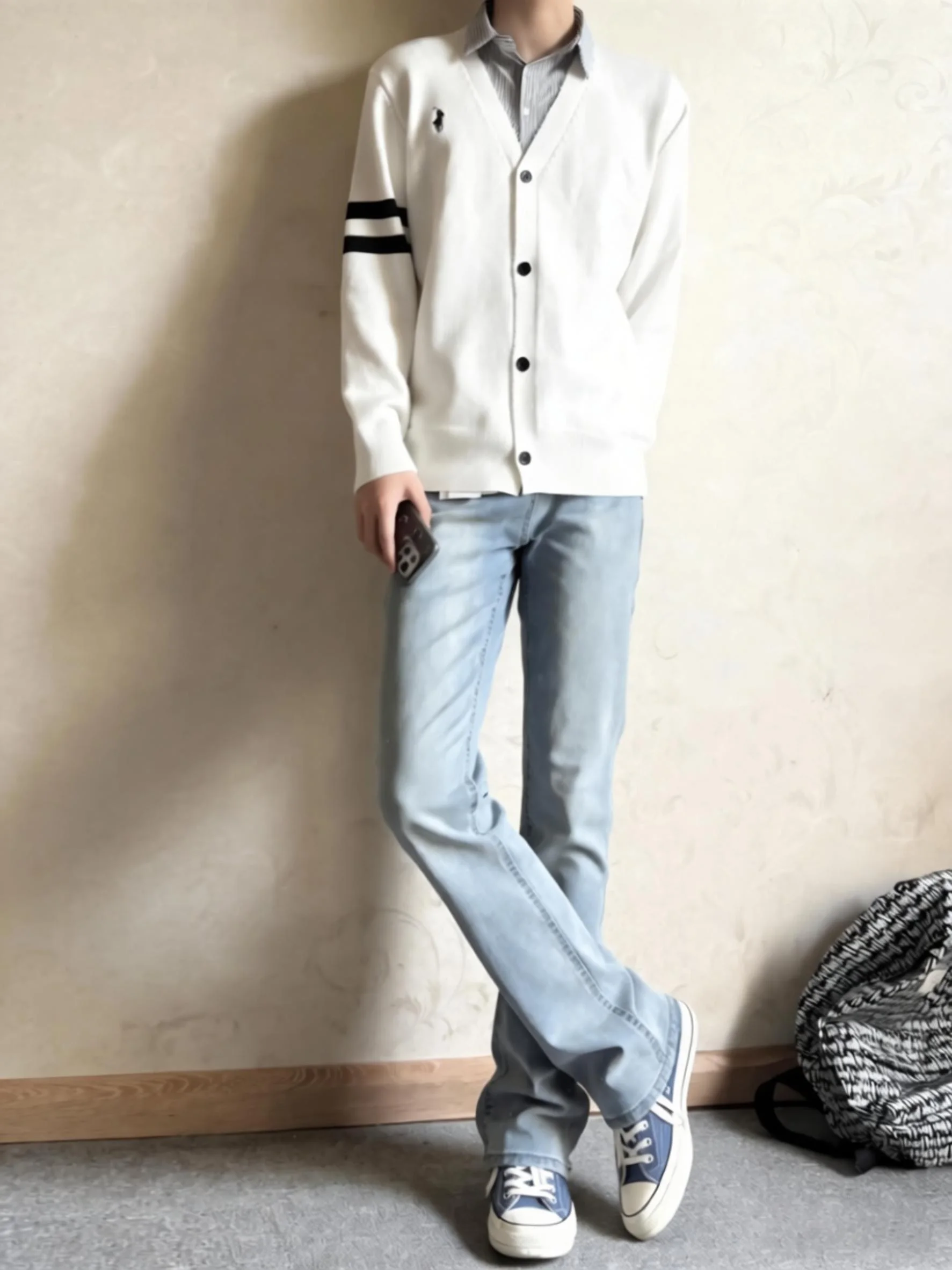 

American Sle Retro Light Blue Men's Flared Jeans Spring Autumn Cleanfit Straight Leg Slimming Long Pants Youth Wear