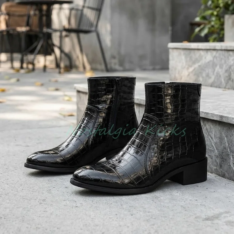 Men Glossy Crocodile Pattern Ankle Boots Side Zipper Square Low Heel Dress Booties Classic Fashion Pointed Toe Party Shoes Club