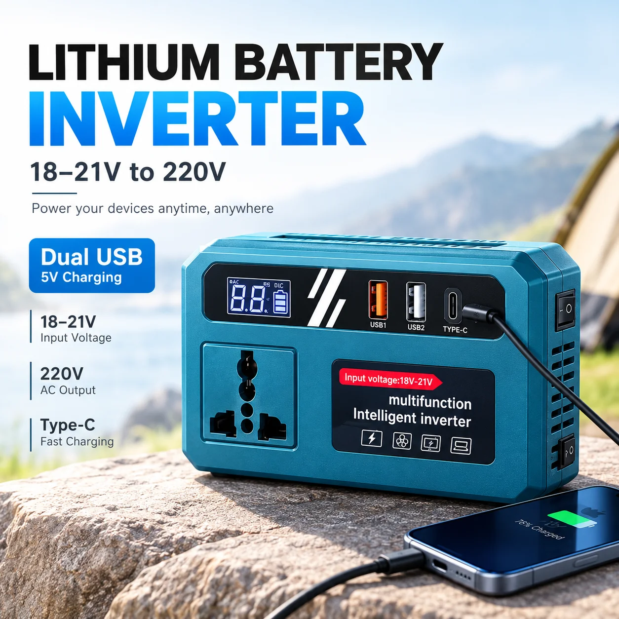 Intelligent Lithium Battery Inverter 18V-21V to AC 220V Portable Car Power Inverter with Dual USB Type-C Fast Charging Smart Dis