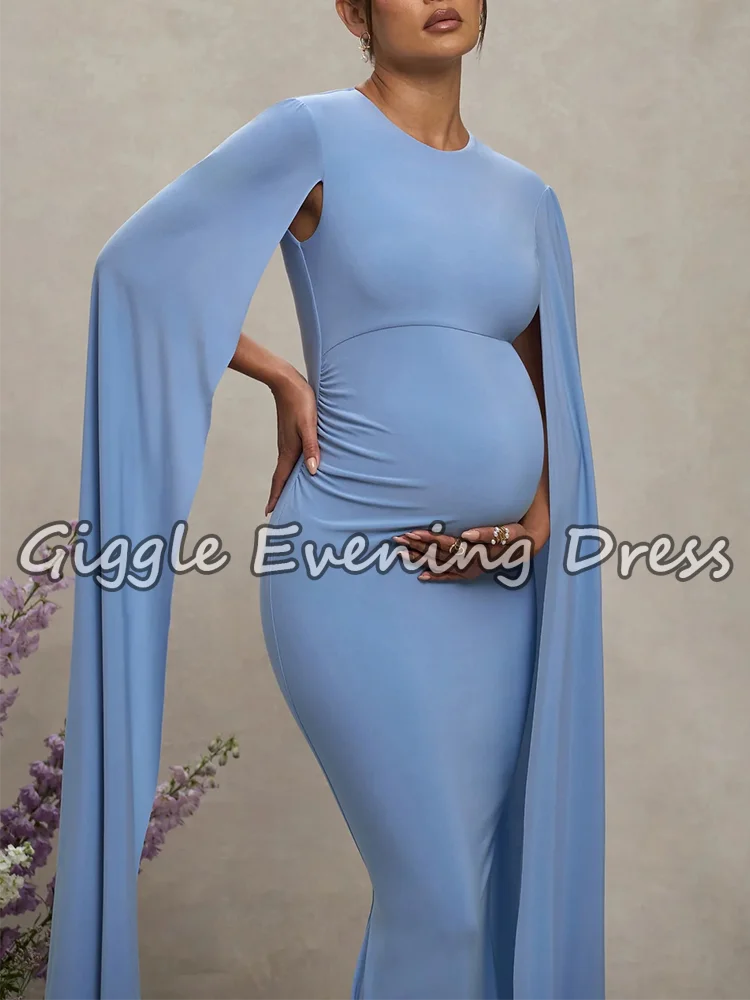 Giggle Elegante blaue Satin-Meerjungfrau-Abendkleider mit Flügelärmeln, einfaches Damen-Schwangerschaftskleid, Fotografie, Freizeitkleider, individuell gestaltet