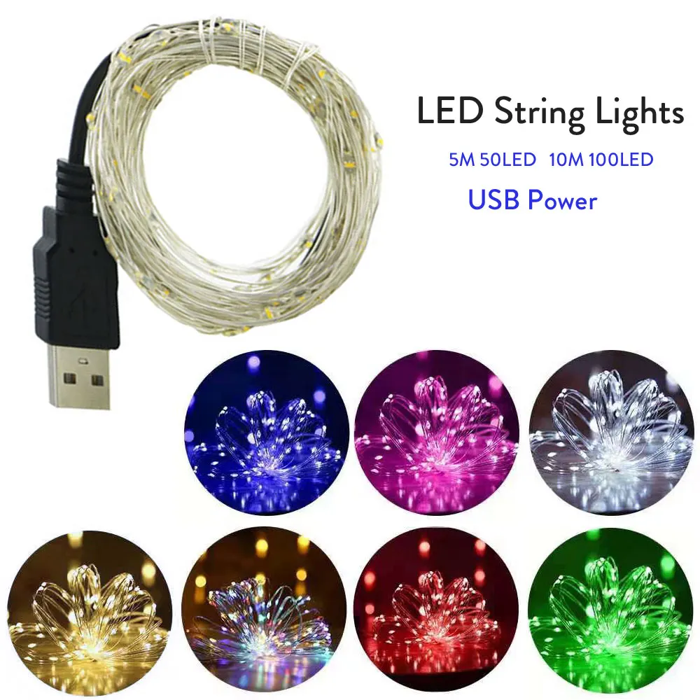 5M 50led 10M 100led USB Powered Led String Lights outdoor RGB copper Wire Wedding Christmas Festival Party Decoration Lamp