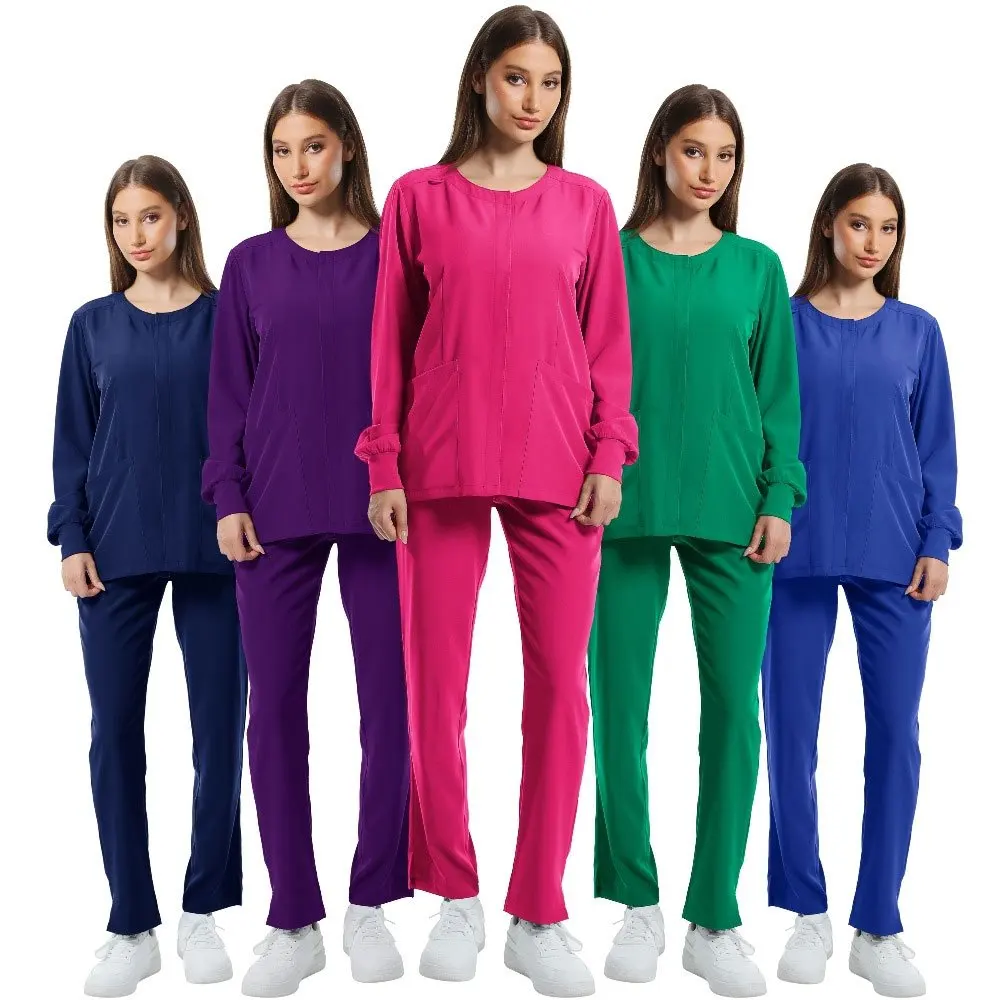 Snap Button Open Front Scrub Top Long Sleeve Workwear for Nurse Doctor Beauty Salon