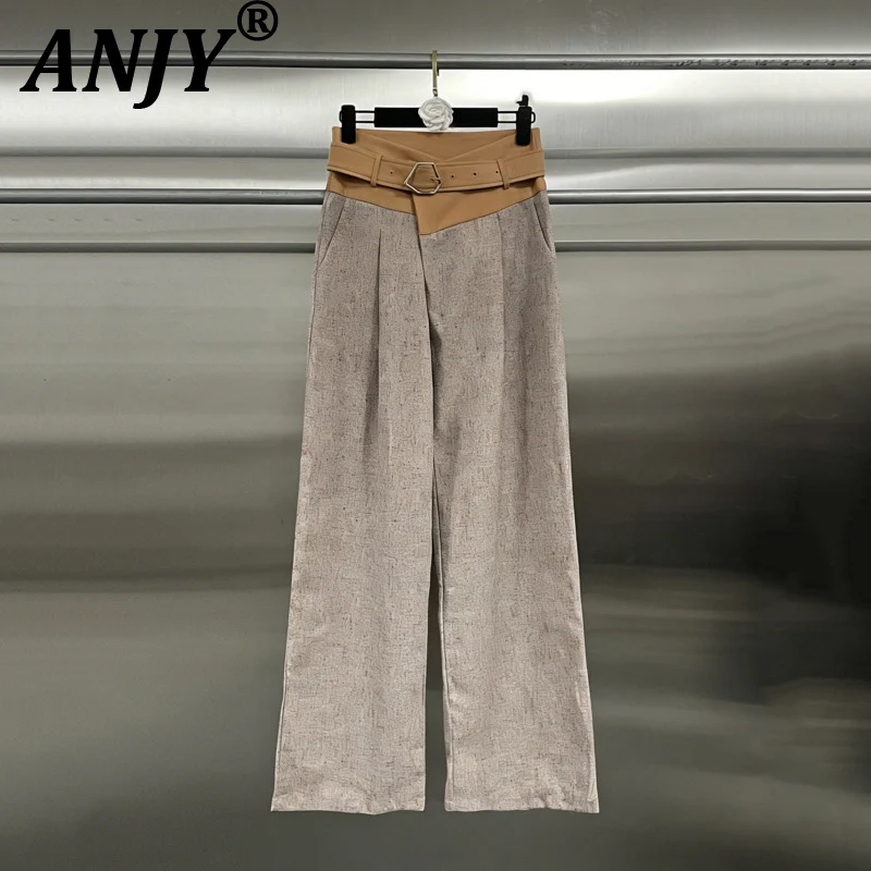 ANJY Spring Autumn New Women French Style Casual Irregular Waist Lace-up Patchwork Straight Pants Pleated Elegant Fashion A19211