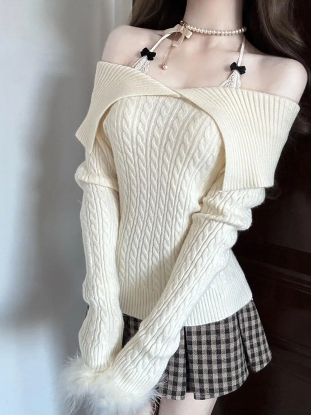 

Slimming Knitted Sweater One oulder Sle Soft Wind Korean Sle Long Sve Casual Top for Spring Season Faion Trend