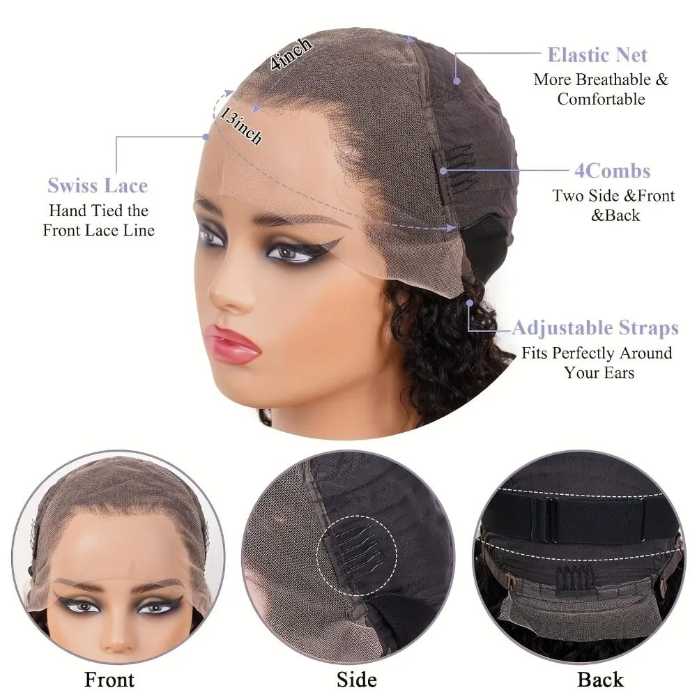 شعر ريمي بشري قصير مموج عميق شعر مستعار للنساء - كثافة 150% 8 بوصة مظهر طبيعي، لون 1B 13 × 4 شعر مستعار بدانتيل أمامي #3