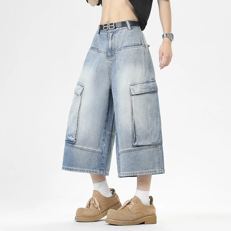 

2026 Summer Baggy Jeans Men's Wide Leg Big Pocket Calf Length Cargo Trousers Fashion Loose Vintage Street Washed Denim Pants