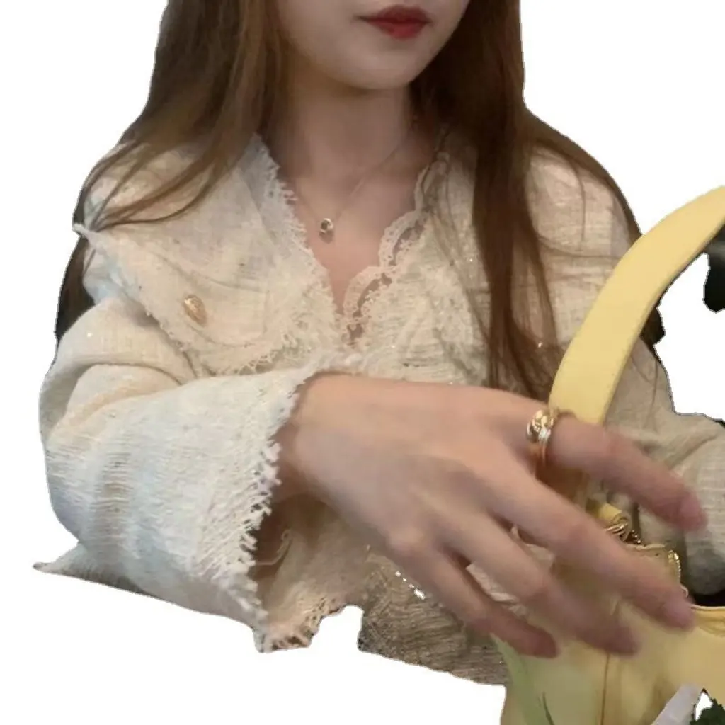 

Элегантная кружевная рубашка с v-образным вырезом для женщин, шикарный милый дизайн, нежная универсальная шифоновая маленькая рубашка, осень