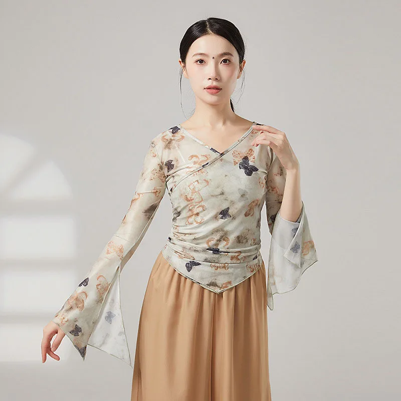 

Adult Slim Butterfly Print Mesh V Neck Belly Dance Blouse Side Ruched Top Costume for Women Dancing Clothes Dancer Wear Clothing