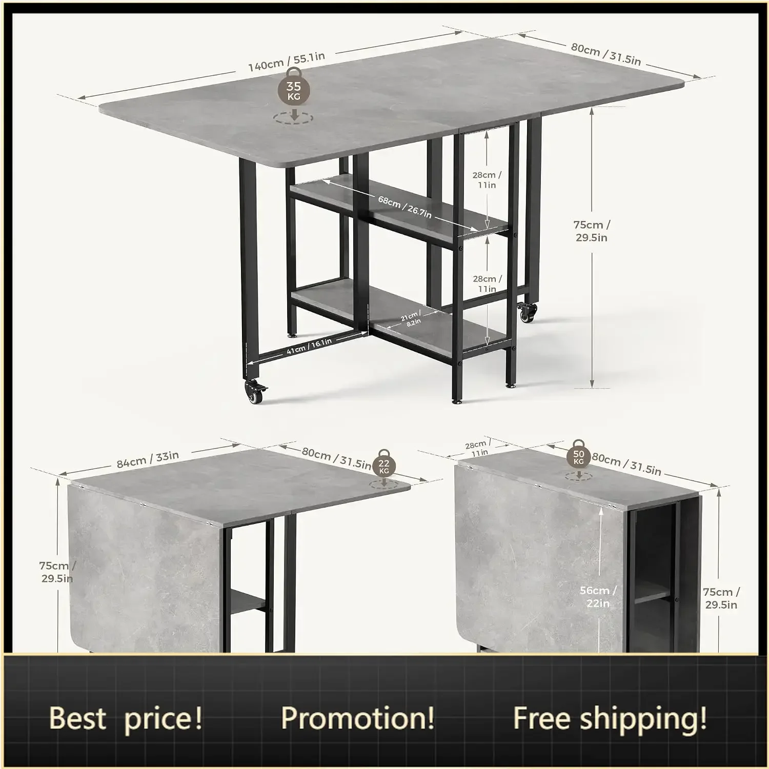 Mobile Folding Dining Table, Drop Leaf Table with 2 Open Storage Shelves for Small Spaces Dining Room Kitchen (55 inch)