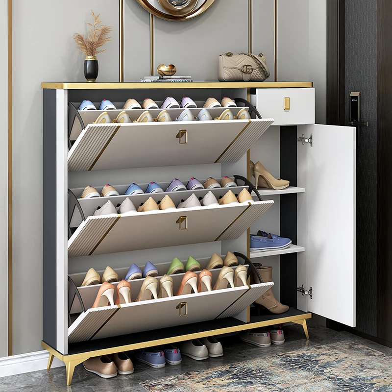 Luxury Modern Wooden Home Entrance Furniture Organizer Storage Tipping Bucket Thin Shoes Rack Cabinet