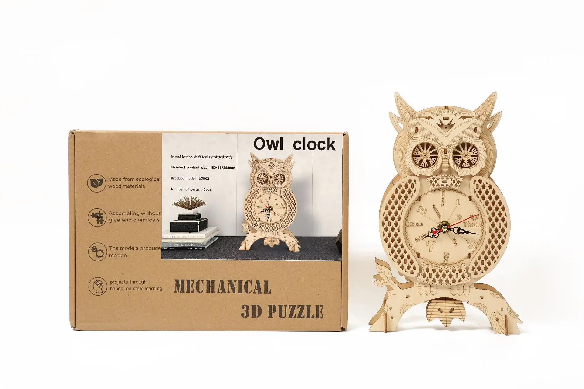 Owl Clock Hollow Out Mechanical Pendulum Clock 3D Wooden Jigsaw Toy Basswood Laser Craft Christmas Creative Gift