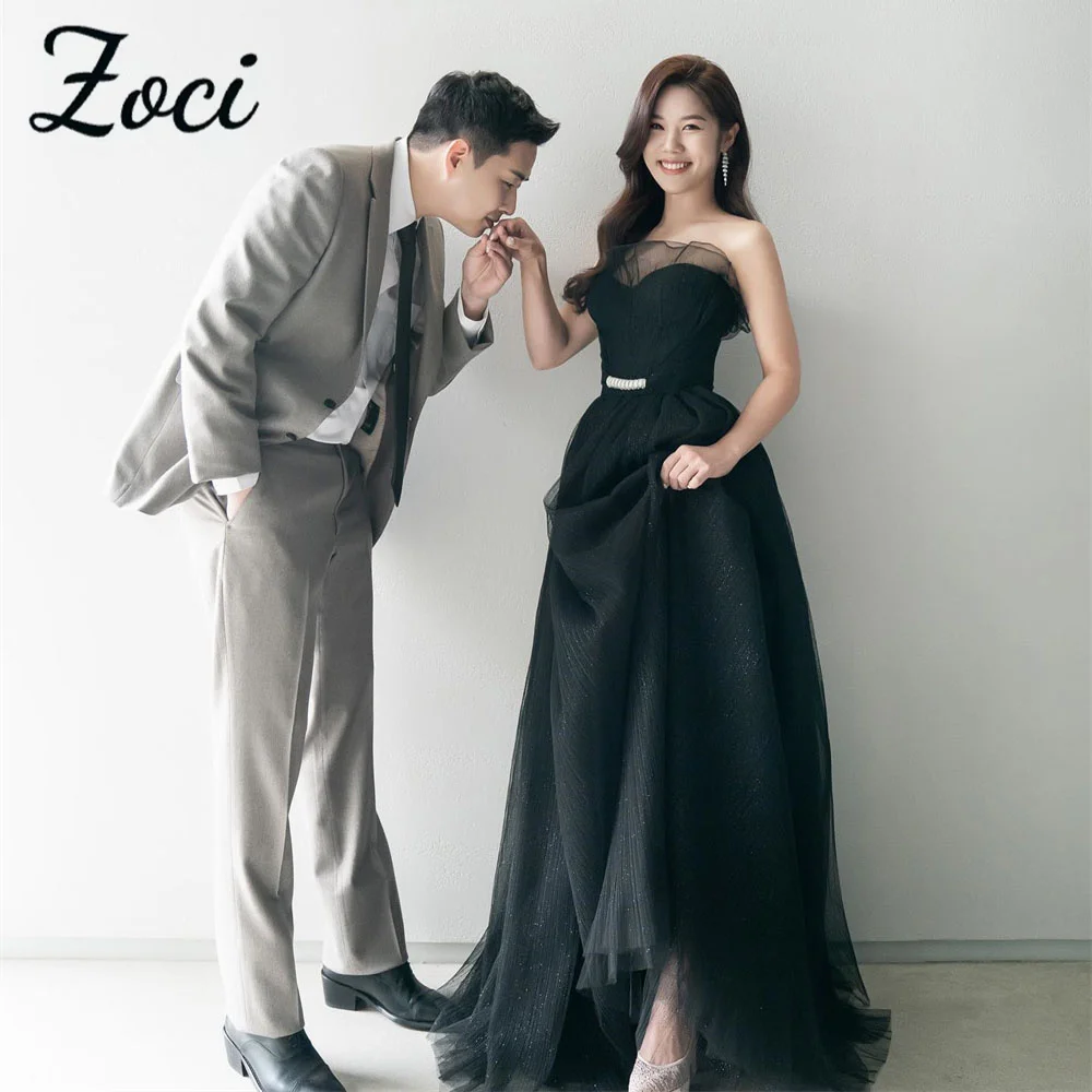 

Zoci Luxury Black Shiny Korea Wedding Dresses Customized Sweetheart Ruffles Sparkly Evening Party Dress Photos Shoot Bride Gown