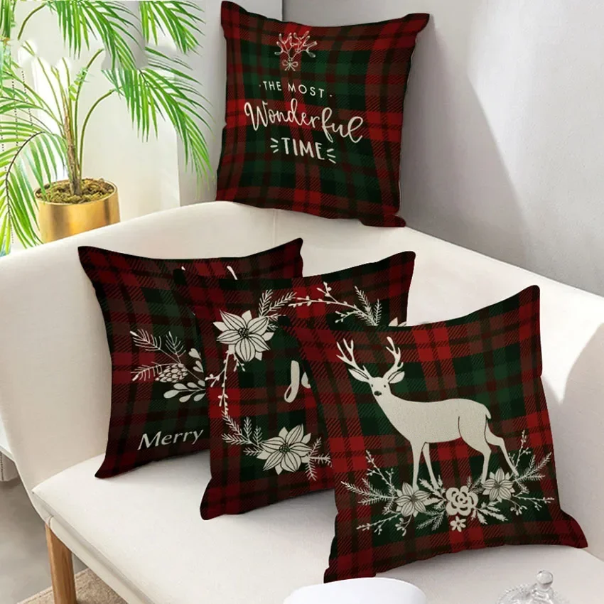 Nanacoba Christmas Cushion Cover Red and Green Plaid Classic Pillowcase Square Printed Deer Wreath Throw Pillows Case Home Decor