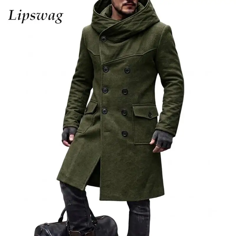 2026 Fall Hooded Maxi Coats Mens Fashionable Solid Color Double-breasted Long Sleeve Outerwear Men Vintage Warm Woolen Coats