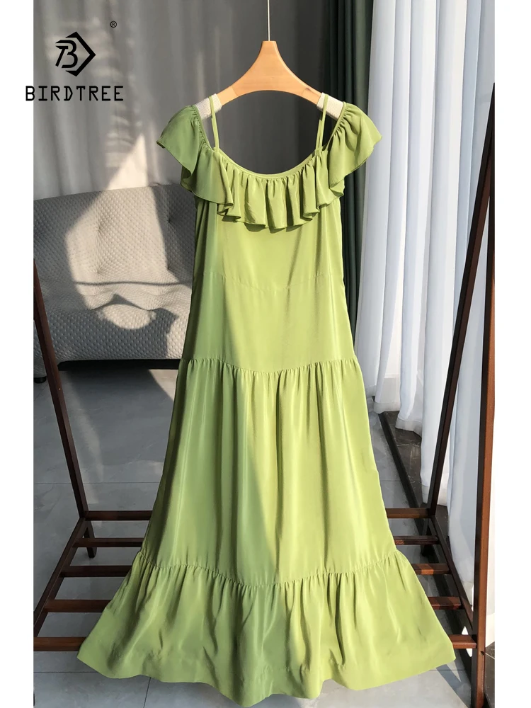 

BirdTree, 17MM 100%Real Silk Sand Wash Dresses, Women Slash Neck Ruffled Edge , French Vacation OL Dress, 2024 Summer D455125QC