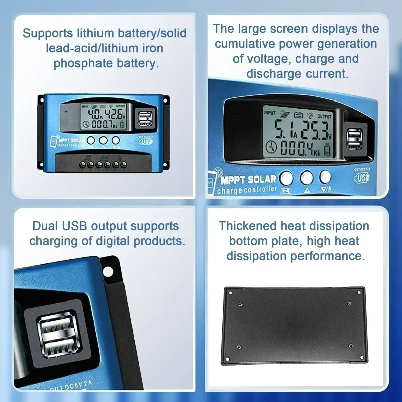 Bluetooth&WIFI MPPT Solar Charge Controller 30A -100A Dual USB LCD Display 12V 24V Solar Cell Panel Charger Regulator with Load