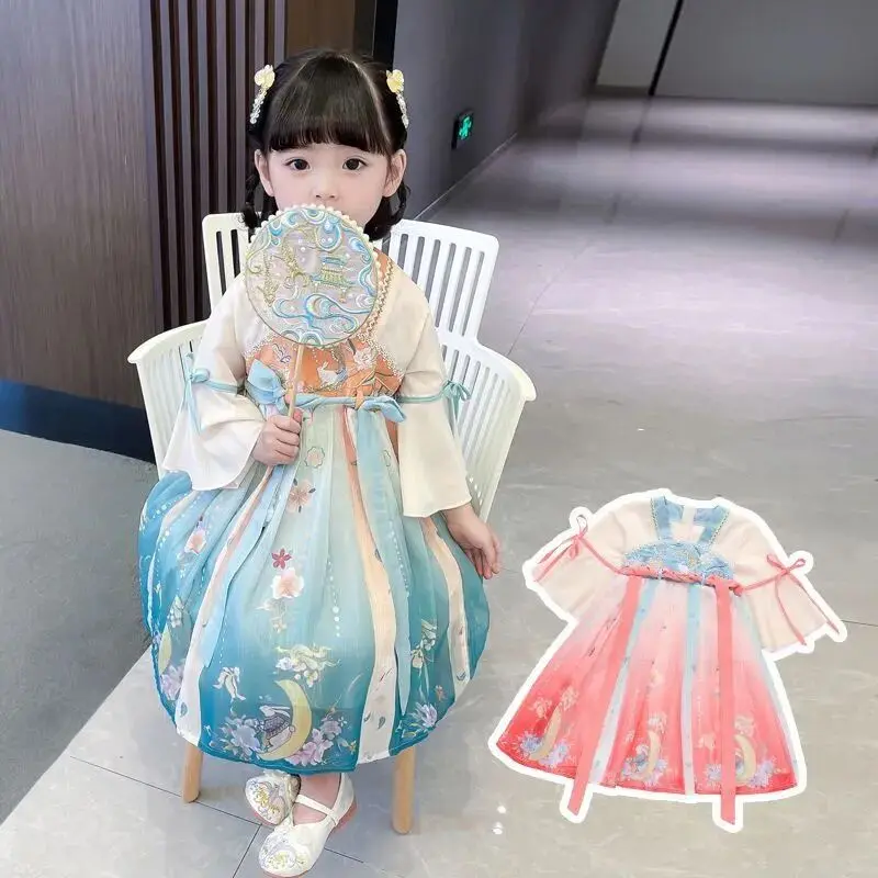 Kids Girls Hanfu Spring and Autumn Clothes 2023 New Tang Suit Chinese Children\'s Ancient Clothes Girls Baby Dress